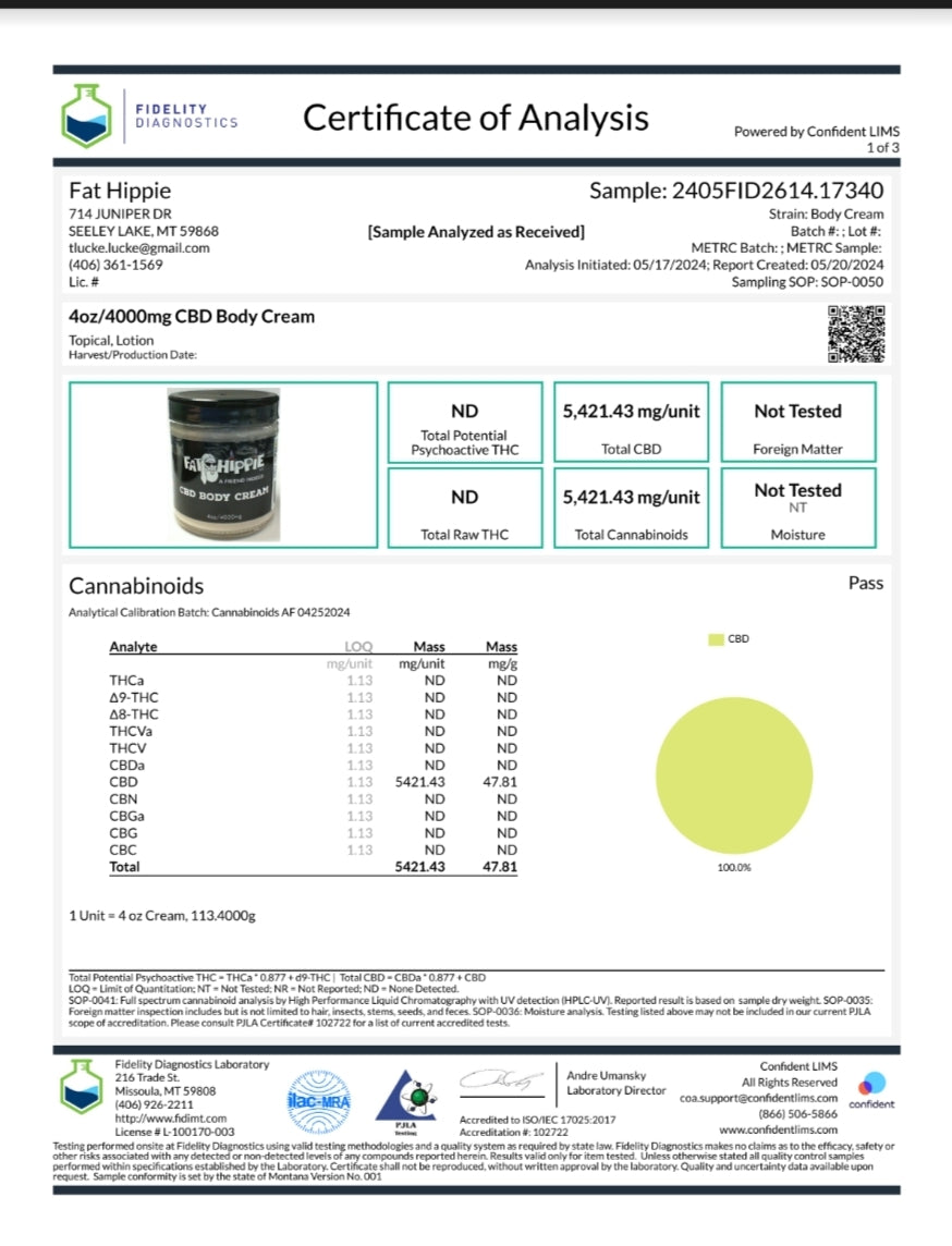 CBD Body Cream 4oz/4000mg